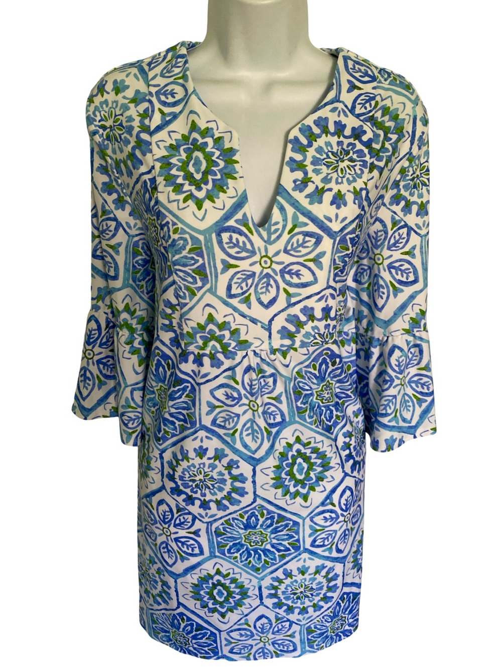 Jude Connally Blue & Green Printed V-Neck Dress - M